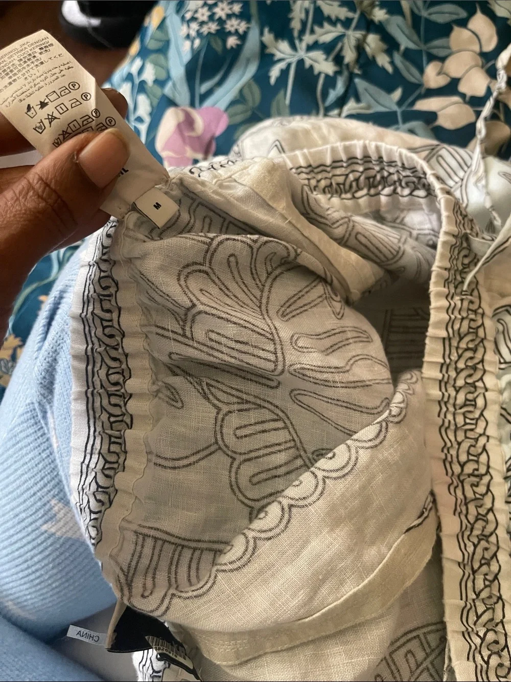 Tory Burch White High-Waist Drawstring Shorts with Navy Fish Print